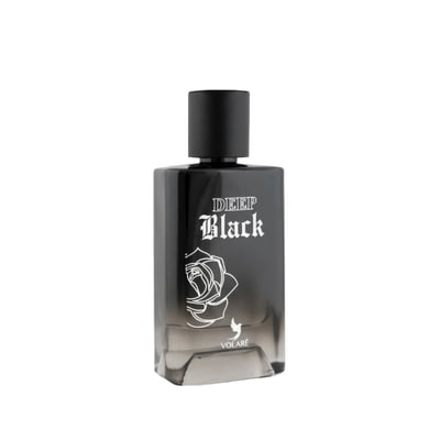 Volare Deep Black Sport X Volare 100ml — Black rectangular perfume bottle with a black cap, featuring white text 'DEEP Black' and a white rose outline graphic.