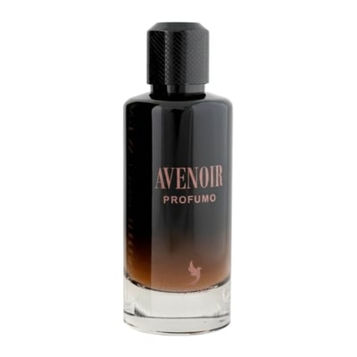 Volare Avenoir Profumo — Black gradient bottle with rose gold text and a bird emblem, clear glass base, black textured cap.