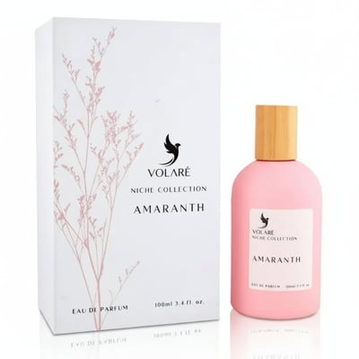 Volare Amaranth Niche by Volare – 100 ml for Her, pink perfume bottle with wooden cap next to its white box with delicate pink floral illustration.