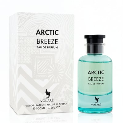 Volare Arctic Breeze — A 100ml Eau de Parfum bottle with a clear liquid and a white patterned box, both featuring the "Arctic Breeze" branding and a bird logo.