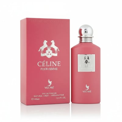 Volare Celine pour Femme – Pink perfume bottle and matching box with silver horse emblem and cap, 100ml