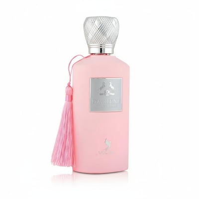 Volare Darlene Pour Femme by Volare – 100 ml for Women, a pink perfume bottle with a silver patterned cap and a pink tassel.
