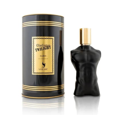 Volare Elixir Gladiator Twilight by Volare 100ml Man — Black cylindrical box with gold stripes and label, next to a black torso-shaped perfume bottle with a gold cap, on a white reflective surface.