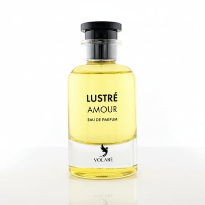 Volare Lustre Amour — Yellow Eau de Parfum in a clear glass bottle with a black cap, featuring the Volare bird logo.