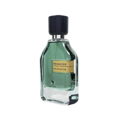 Volare Megadose Man Atlas Volare EDP For Him 80 ml — Green glass perfume bottle with a dark cap and a gold label that says 'MEGADOSE eau de parfum' and a small bird logo.