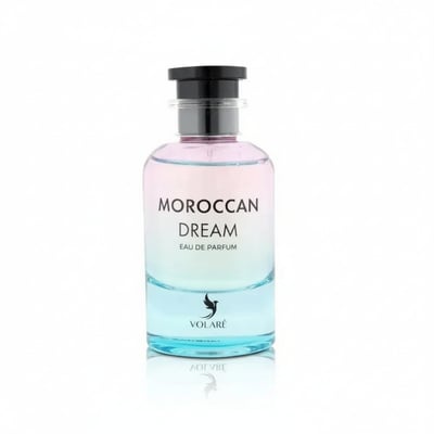 Volare Moroccan Dream — A clear glass perfume bottle with a gradient of pink to blue liquid, featuring black and silver cap, and the Volare logo.