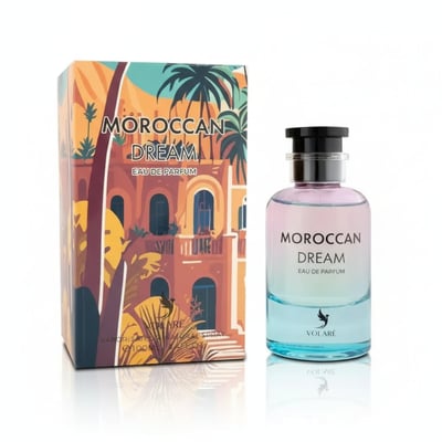 Volare Moroccan Dream Eau de Parfum — Perfume bottle with pink and blue gradient liquid next to its illustrated box featuring Moroccan architecture and palm trees.