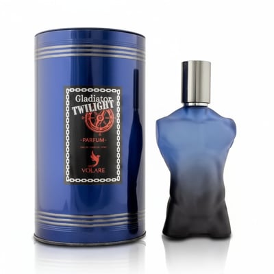 Volare Parfum Gladiator Twilight 100ml by Volare Man — Blue cylindrical tin with silver stripes and a black label, next to a blue gradient torso-shaped perfume bottle with a silver cap.