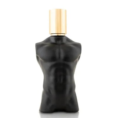Volare Elixir Gladiator Twilight by Volare 100ml Man — Black torso-shaped perfume bottle with a gold cap, isolated on a white background.