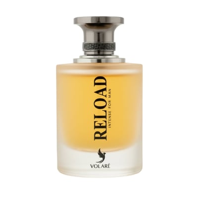 Volare Reload Intense by Volare Man – Frosted glass bottle with yellow liquid, black text 'RELOAD INTENSE FOR MAN', and a bird logo.