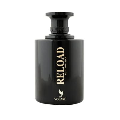Volare Reload Nuit by Volare Man 100ml EDP — Black perfume bottle with gold text 'RELOAD' and a small bird logo at the bottom.