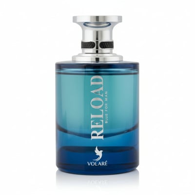 Volare Reload Blue by Volare Man – Blue glass perfume bottle with silver cap and black textured band, featuring white text 'RELOAD BLUE FOR MAN' and a white bird logo above 'VOLARÉ'.