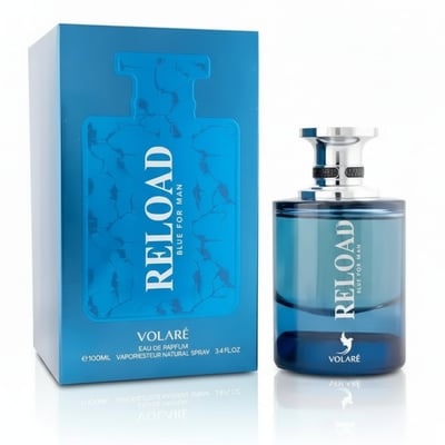 Volare Reload Blue by Volare Man – 100 ml for Him, featuring a blue glass perfume bottle with a silver cap next to its matching blue cardboard box, both displaying the "RELOAD" logo and "BLUE FOR MAN" text.