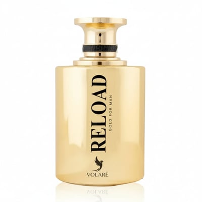 Volare Reload Gold by Volare Man – 100 ml for Him, a golden rectangular perfume bottle with black text and a gold cap, set against a white background.