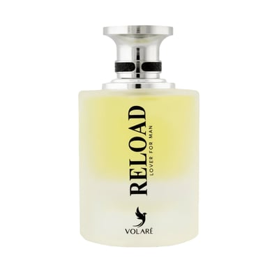 Volare Reload Silver by Volare – Man 100 ml for Him — A frosted glass perfume bottle with a silver cap and a black band, containing yellow liquid. The label features black text and a bird silhouette.