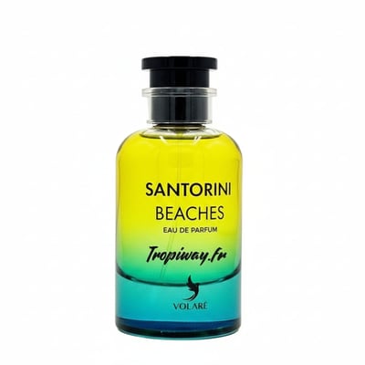 Volare Santorini Beaches — A clear glass perfume bottle with a gradient of yellow to turquoise liquid, featuring black text and a black cap.