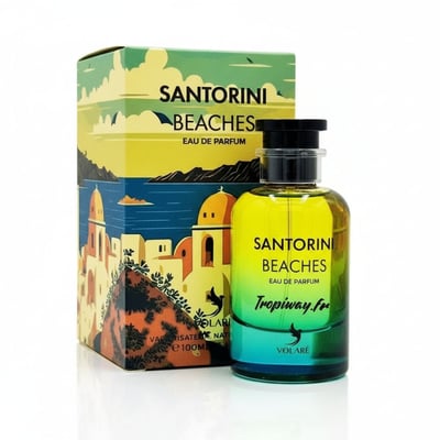 Volare Santorini Beaches Eau de Parfum — A bottle of Volare Santorini Beaches perfume with a gradient yellow to blue liquid, next to its illustrated box featuring Santorini architecture and sea.