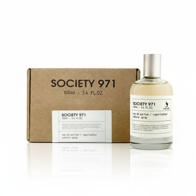Volare Society 971 by Volare 100ml EDP Men — A clear glass perfume bottle with a silver cap stands next to its brown cardboard box, both displaying the "SOCIETY 971 100ml - 3.4 FL.OZ." label.