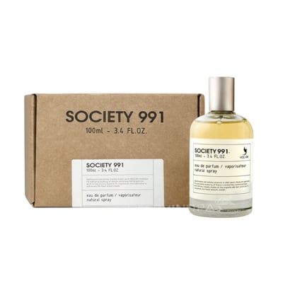 Volare Society 991 by Volare 100ml Unisex — A brown cardboard box with the product name printed on it, placed next to a clear glass perfume bottle with a gold cap and yellow liquid.