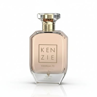 Volare Vanilla 70 Kenzie by Volare – 100 ml for Women, a clear glass perfume bottle with a faceted geometric design, a gold cap, and a light peachy-pink liquid inside. The label features the brand name 'KENZIE' in a square outline.