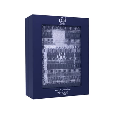Zimaya Abadi Opulent by Zimaya EDP 100ml Men — A dark blue gift box with a textured, clear window revealing rows of small, clear bottles. The brand name 'ABADI' is at the top of the window. | Zimaya Abadi Opulent by Zimaya EDP 100ml Men — Peti hadiah biru gelap dengan tingkap lutsinar bertekstur yang memaparkan