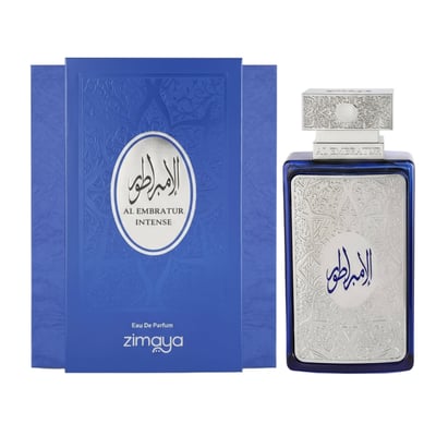 Zimaya Al Embratur Intense by Zimaya 100ml EDP Men — Blue perfume box and bottle with silver ornate detailing and Arabic script