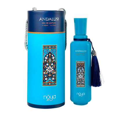 Zimaya Andalusi Blue by Zimaya 100ml EDP Men — Blue cylindrical box and blue perfume bottle with ornate blue and gold Arabic-inspired design and a navy tassel
