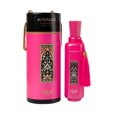Zimaya Andalusi Pink by Zimaya 100ml EDP Women — Pink perfume bottle and cylindrical box with ornate gold and black pattern, featuring a pink tassel on the bottle.