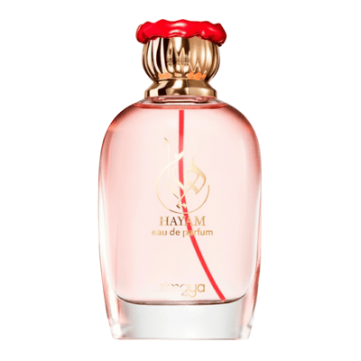 Zimaya Hayam by Zimaya 100ml EDP Women — Pink glass perfume bottle with a red and gold fluted cap, featuring gold Arabic calligraphy and text 'HAYAM eau de parfum' on the front.