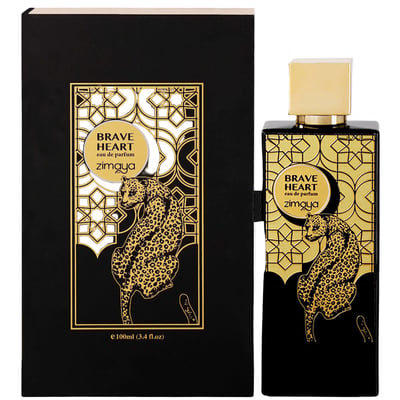 Zimaya Brave Heart EDP 100ml Unisex — Black box and bottle with gold leopard and geometric pattern, gold cap.