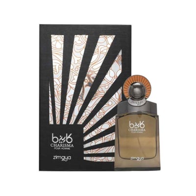 Zimaya Charisma Pour Homme — Black patterned box with cutouts revealing ornate inner design, next to a glass perfume bottle with a textured orange cap and brown liquid.