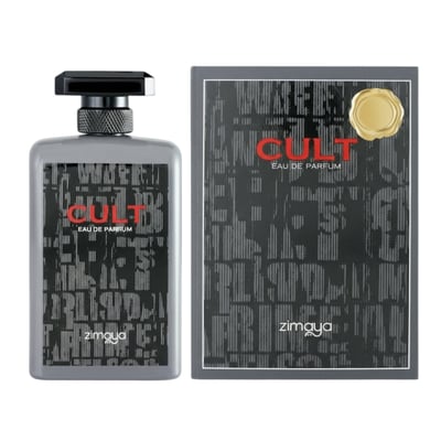 Zimaya Cult by Zimaya 100ml EDP Men — Grey perfume bottle and its matching grey box packaging with abstract dark grey vertical lines and red 'CULT' text, featuring a gold wax seal on the box.
