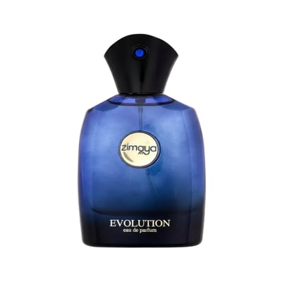 Zimaya Evolution by Zimaya 100ml EDP For Men — Blue glass perfume bottle with a black cap featuring a blue accent, and a gold circular label with the brand name.