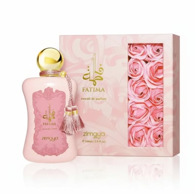 Zimaya Fatima by Zimaya 100ml Extrait de Parfum Women — Pink perfume bottle with gold cap and tassels, next to a pink box decorated with roses.