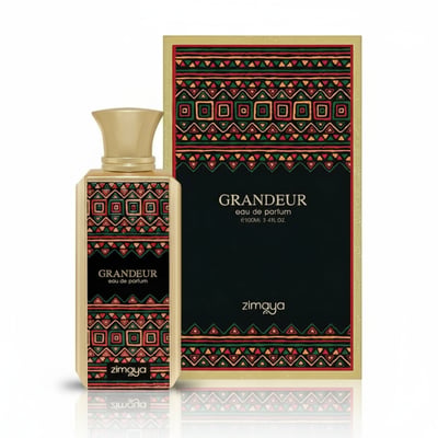 Zimaya Grandeur 100ml EDP for Unisex — Gold bottle and box with intricate geometric pattern in red, green, and yellow, on a white reflective surface.