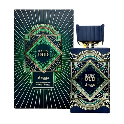 Zimaya Happy Oud by Zimaya 100ml Extrait Unisex — A dark blue perfume bottle with gold and green art deco design, next to its matching dark blue and green art deco patterned box.