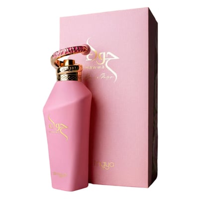 Zimaya Hawwa Pink by Zimaya Women 100ml EDP — Pink perfume bottle with gold accents and decorative cap, next to a pink presentation box with gold lettering.