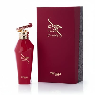 Zimaya Hawwa Red by Zimaya 100ml EDP Women — Red perfume bottle with gold snake-like cap and red box with gold Arabic script and 'Hawwa' text
