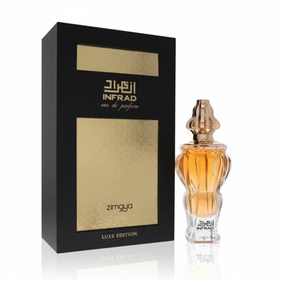 Zimaya Infrad Luxe by Zimaya 100ml EDP for Women — Black and gold box with ornate pattern next to a clear glass perfume bottle with gold ornate cap and amber liquid.