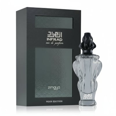 Zimaya Infrad Noir by Zimaya 100ml EDP for Men — Black textured box with geometric pattern and gold text, next to a clear glass perfume bottle with a black ornate cap and gold text.