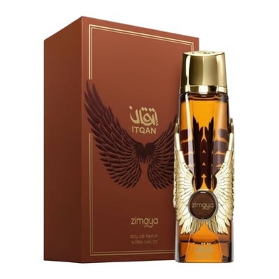 Zimaya Itqan Gold by Zimaya 100ml EDP Unisex — Brown box with gold wings and Arabic text next to a clear glass perfume bottle with gold wing accents and a gold cap, showing amber liquid inside.