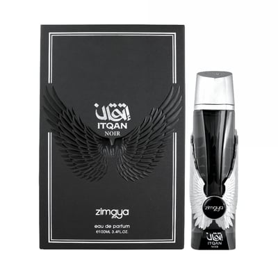 Zimaya Itqan Noir by Zimaya 100ml EDP Men — Black embossed box with winged design and bottle with winged accents, presented together on a white background.