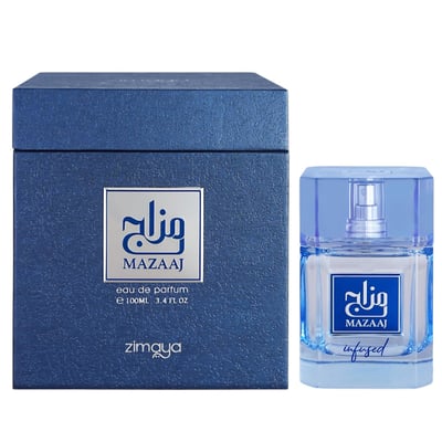 Zimaya Mazaaj Infused by Zimaya 100ml EDP Men — Blue textured box with silver logo and text, next to a clear glass perfume bottle with a light blue cap and silver logo.