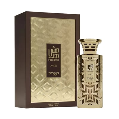 Zimaya Modhesh Elegant Pour Homme by Zimaya 100ml EDP — Gold patterned box and bottle with Arabic calligraphy and text