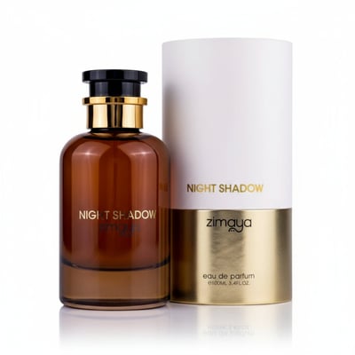 Zimaya Night Shadow by Zimaya 100ml EDP Unisex — Amber glass perfume bottle with gold accents next to a white and gold cylindrical box.