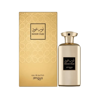 Zimaya Noor Oud Dubai by Zimaya 100ml EDP Unisex — Gold patterned box next to a gold perfume bottle with a black label showing Arabic and English text.