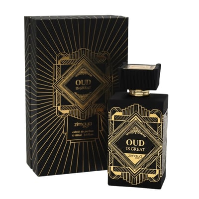 Zimaya Oud Is Great by Zimaya 100ml EDP Unisex — Black and gold art deco style perfume bottle and box set, with gold accents and text.
