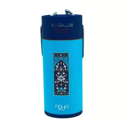 Zimaya Andalusi Blue by Zimaya 100ml EDP Men — Cylindrical blue and navy blue gift box with intricate Arabic-inspired pattern and gold accents, featuring the brand name 'ANDALUSI' and 'naya' logo.