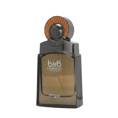 Zimaya Charisma Pour Homme — A dark grey rectangular perfume bottle with a textured orange and dark grey cap, featuring white Arabic and English text on the front.