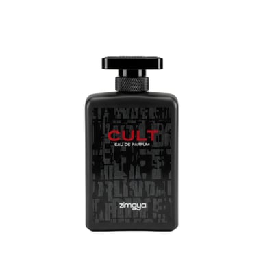 Zimaya Cult by Zimaya 100ml EDP Men — Black rectangular perfume bottle with a black cap, featuring red 'CULT' text and 'EAU DE PARFUM' below, set against a white background.